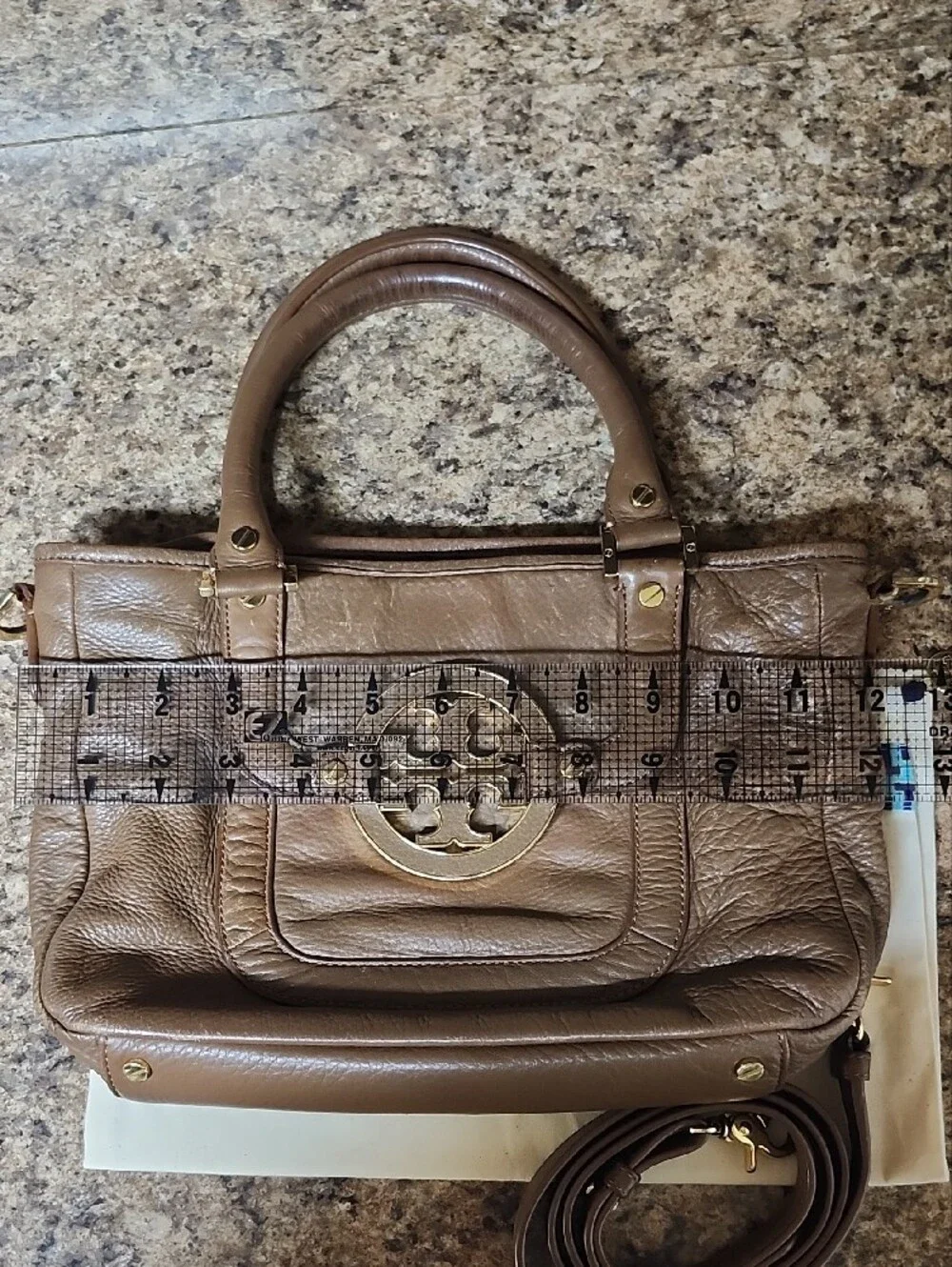 Tory Burch Amanda Brown Leather Satchel Handbag with Gold Logo Accent